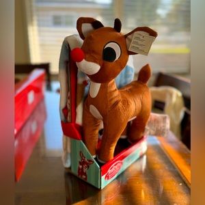 Rudolph the Red Nose Red Deer Travel Blanket with Plush.